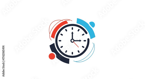 A clock with rotating abstract elements in red, blue, and dark grey, symbolizing time management, efficiency, or a continuous cycle.