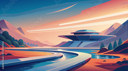 Futuristic building by a river in a stylized landscape