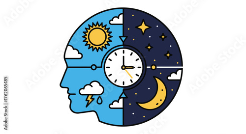 Conceptual illustration of the circadian rhythm, showing a human head divided into day and night with a central clock.