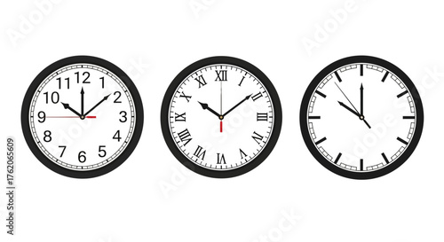 Three distinct analog wall clocks displaying different times, featuring various numeral styles and designs on a white background.