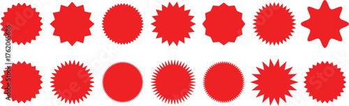 Set of circles with zigzag edges, Sunburst sticker shapes, Rounded starburst zigzag badge, spiky oval, circle and star shaped price tag, discount and sale label stickers, sale badge offer promo tag