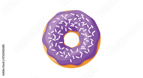 A sweet purple frosted doughnut with white sprinkles is depicted.
