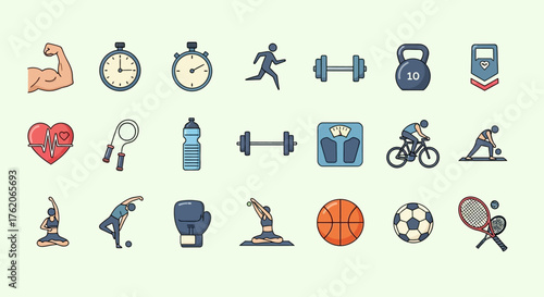 A collection of flat design icons representing various sports and fitness activities, including weightlifting, running, cycling, and yoga.