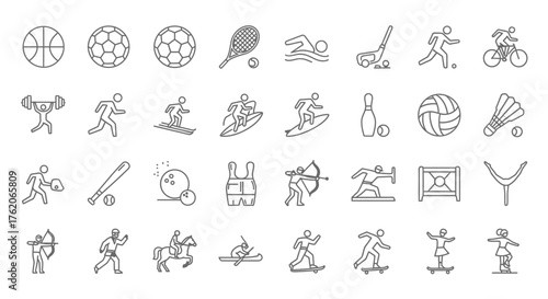 A comprehensive collection of line art icons representing various sports and athletic activities.