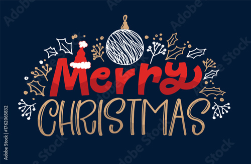 Merry Christmas and Happy New 2026 Year - cute hand drawn doodle lettering postcard. Hello 2026. Holly Jolly, Tis the season.