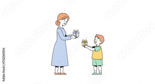 Giving Gifts Illustration of a mother and son exchanging presents vector