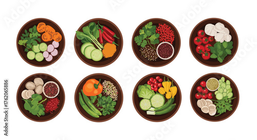 A delightful assortment of fresh vegetables and herbs arranged in circular bowls.
