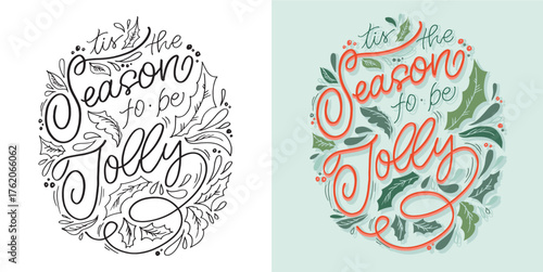 Merry Christmas and Happy New 2026 Year - cute hand drawn doodle lettering postcard. Hello 2026. Holly Jolly, Tis the season.