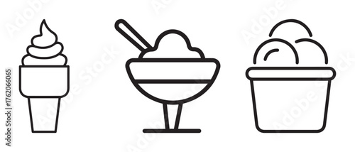 Ice Cream Serving Icons. Line Drawings of Cone, Bowl, and Tub for Dessert and Food Graphics.