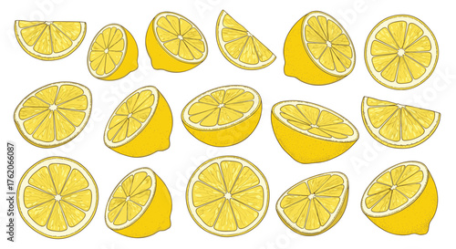 A collection of vibrant yellow lemon slices arranged in a pleasing pattern.