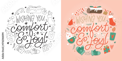 Merry Christmas and Happy New 2026 Year - cute hand drawn doodle lettering postcard. Hello 2026. Holly Jolly, Tis the season.