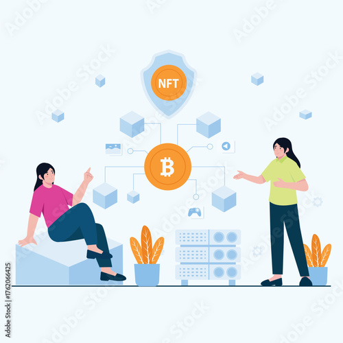 People discussing blockchain technology with digital assets icons