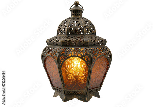Ornate bronze Moroccan lantern with amber glass isolated, vintage Middle Eastern lamp for Ramadan and Eid decoration