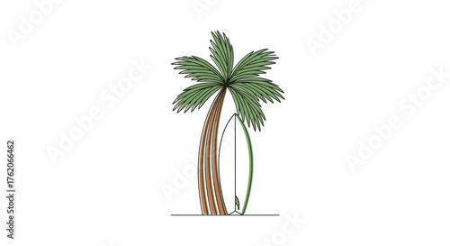 Tropical Palm Tree with Surfboard Vector Illustration
