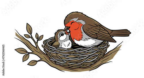 Robin Bird Feeding Baby Bird in Nest Cartoon Illustration on Branch