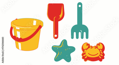 Vibrant vector illustration of beach toys for kids fun time during the holidays