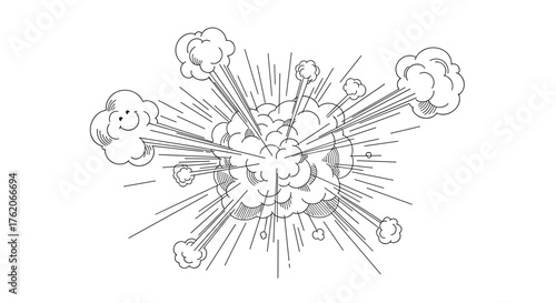 Explosion radiating outward with smoke and sparks creating a dramatic effect.