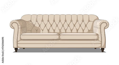 A plush cream tufted sofa with rolled arms and a skirted base.