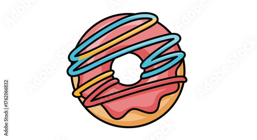 A delicious pink frosted donut with colorful icing drizzled on top.