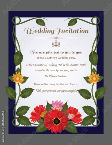 Beautiful wedding invitation card layout design vector surrounded by realistic flowers on blue white background