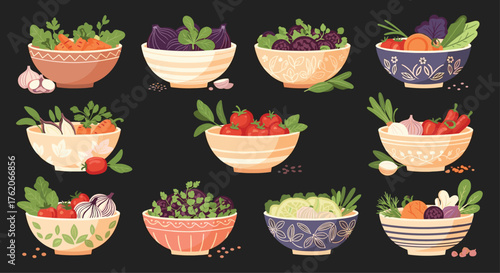 Collection of pixel art bowls filled with fresh colorful fruits and vegetables.