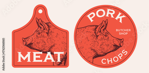 Pork, pig head, meat tag label. Template Meat Tag Label. Vintage print, tag, label with pig sketch ink pencil style drawing. Butchery pork pig head meat shop, text, typography. Vector Illustration