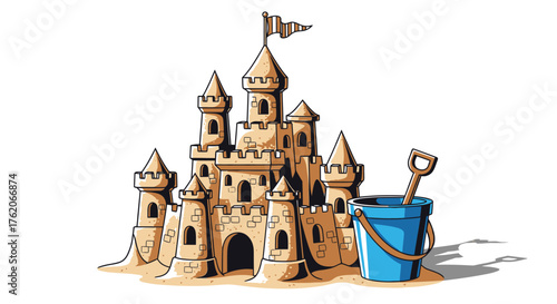 Cartoon sandcastle with blue bucket and shovel for seaside fun