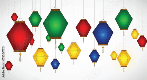 Colorful hexagonal lanterns in red, green, blue, and yellow hang from strings against a white background with a subtle vignette effect.