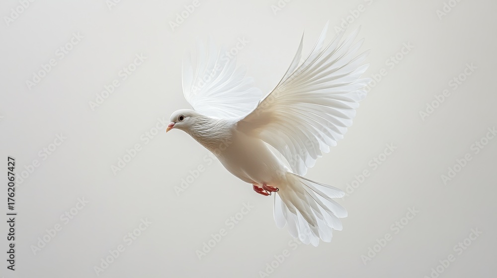 Fototapeta premium White dove flying gracefully against a soft neutral background during daylight