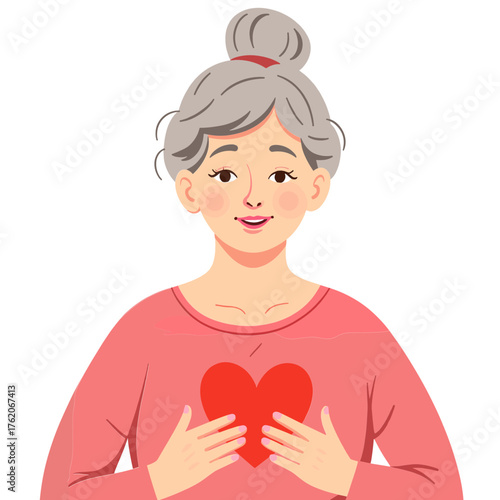 Elderly Woman Holding Valentine Card. Senior Woman with Heart Symbol. Older Female Romantic Love Concept. Elderly Person Valentine’s Day Illustration. Elderly set