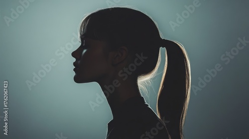 Long hair tied in a ponytail showing a clear silhouette against a light background during a creative portrait session