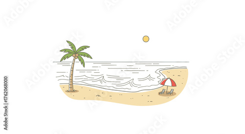 Minimalist beach illustration with palm tree sun and sunshade