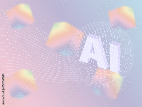Conceptual technology illustration of artificial intelligence. Vector image in the style of glassmorphism. Colored cubes and dynamic waves on pastel background. Place for your text. EPS 10.