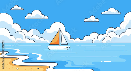 Cartoon Seascape with Sailboat and Clouds on a Summer Day