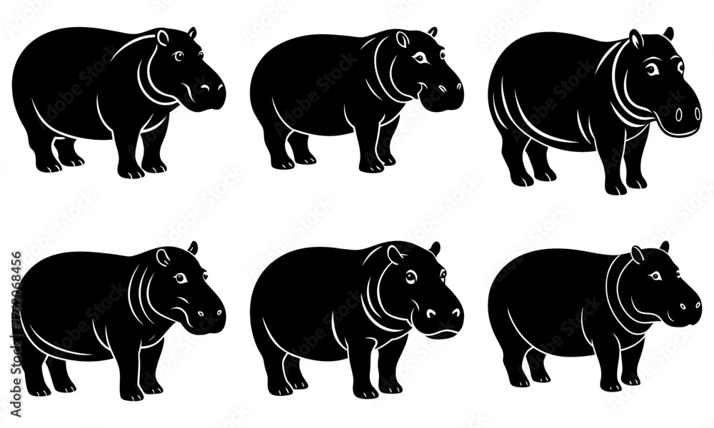 Obraz premium Six stylized hippopotamus illustrations in black and white, perfect for wildlife projects, educational materials, and branding designs