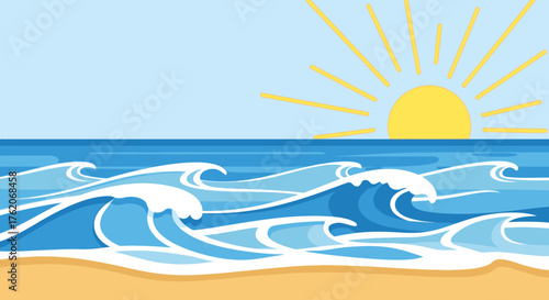Sunny beach day with ocean waves vector illustration design