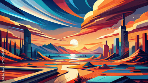 Cityscape at sunset with mountains and water view art