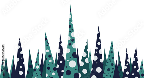 A surreal landscape of abstract evergreen trees with scattered white and dark blue dots.