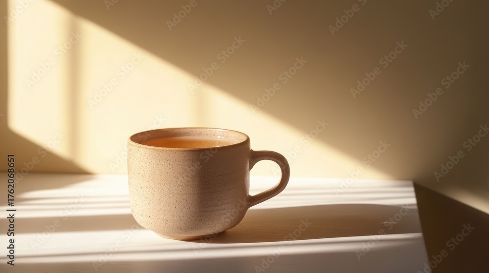 Obraz premium Warm cup of tea on a sunlight-kissed table in a cozy room