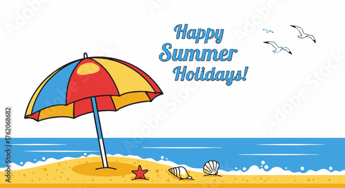Summer holiday on the beach with sea shells birds umbrella