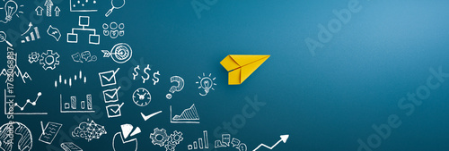 Yellow paper plane and business strategy. Business success, innovation and solution concept, copy space