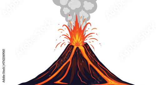 A powerful volcano erupts sending hot lava and ash into the air.