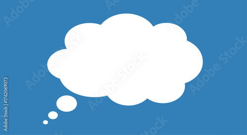 A blank white thought bubble on a blue background represents an idea or thinking process.