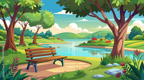 Very beautiful lakeside bench view in Conners Park, Little Rock, surrounded by lush trees and tranquil water, offering a peaceful moment of reflection in nature.
