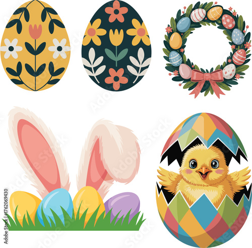 Easter clipart with painted eggs, bunny ears flowers and cute chick