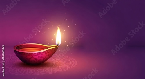 Lit diya lamp radiating light on a purple background for diwali festival celebrations and spiritual themes with copy space available for text