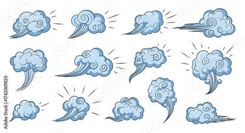 Collection of stylized cartoon wind and smoke elements for animation