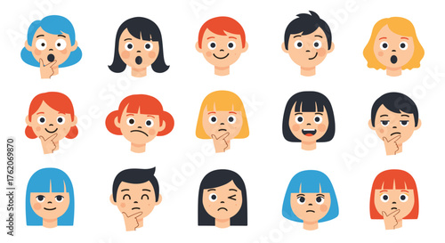 A collection of diverse cartoon faces displaying various emotions.