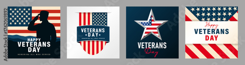 Veterans Day greeting card design with flag and lettering. Social media banner concept with saluting American soldier silhouette and USA elements. Vector illustration