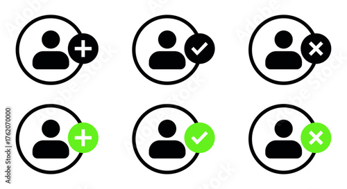 User account icons set — add, check, remove